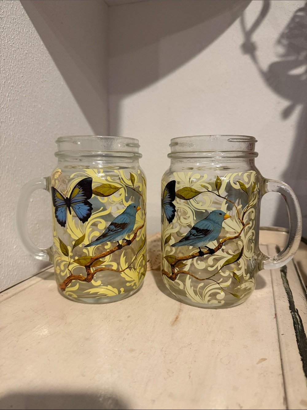Blue Bird & Butterfly Glass Mug - Set of 2